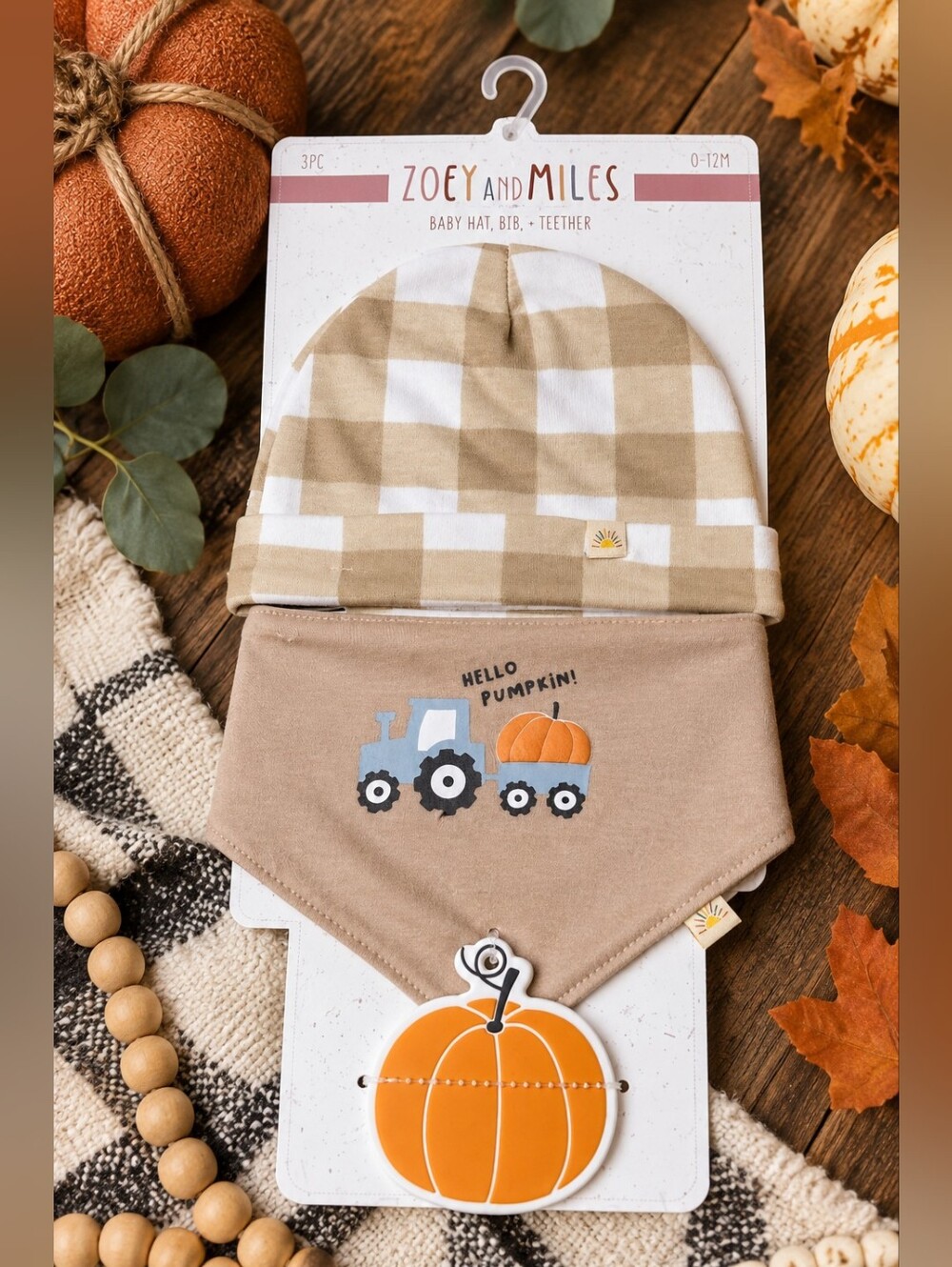 Zoey & Miles Baby Hat Bib Teether Set 0-12M Pumpkin Tractor Fall 3 Piece NWT